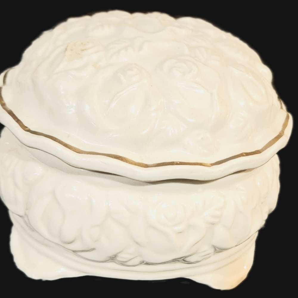 Vintage Ivory porcelain footed trinket Box dish, roses and gold trim with lid.